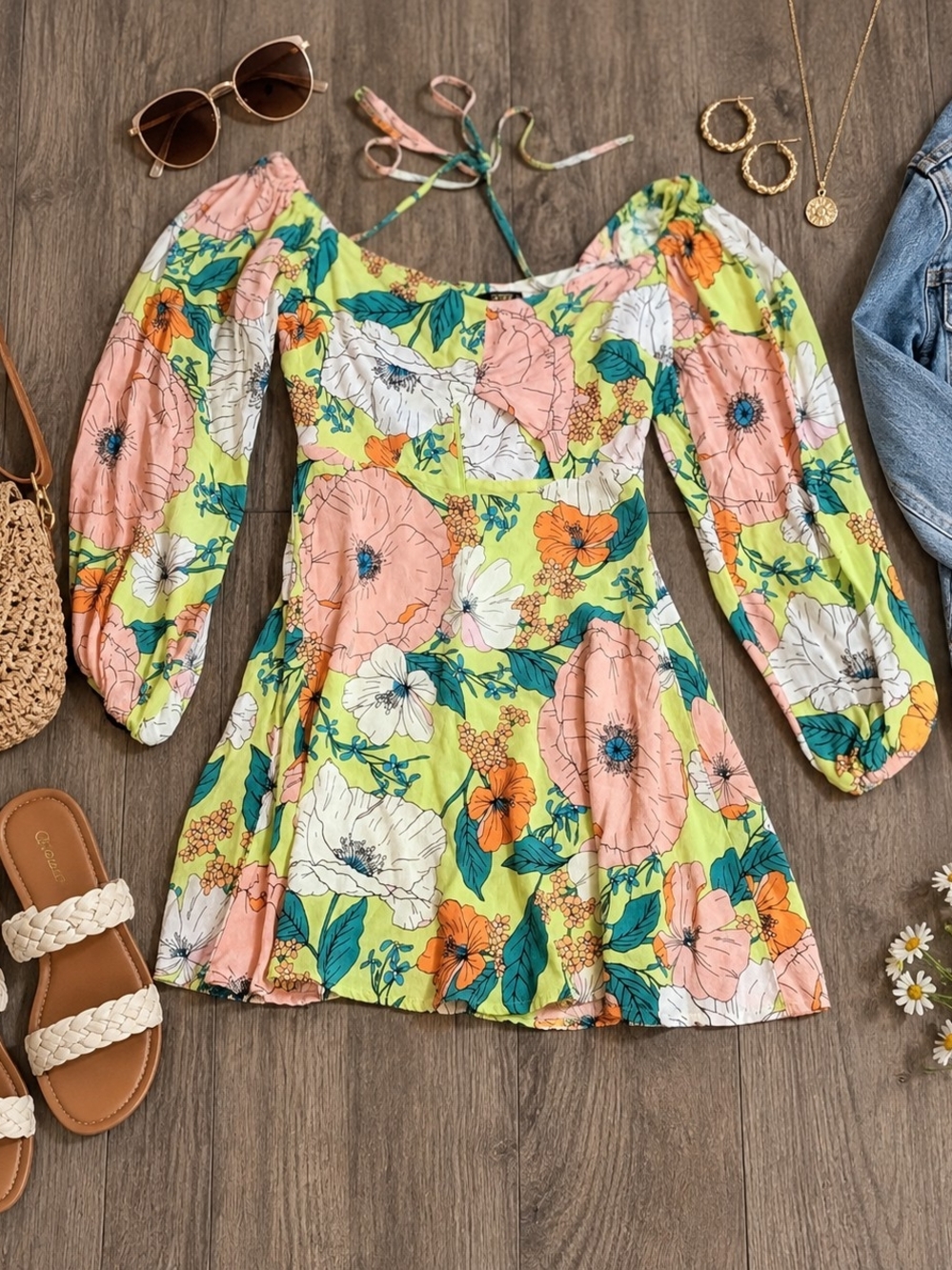 AFRM Floral Puff-Sleeve Dress in Lime/Yellow, Pink & Orange